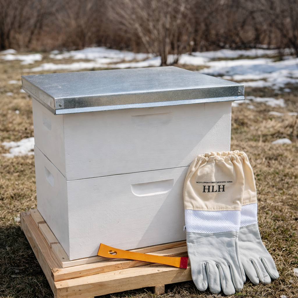 White Langstroth beehive in early spring with beekeeping gloves and hive tool, showing March hive preparation before spring inspections.