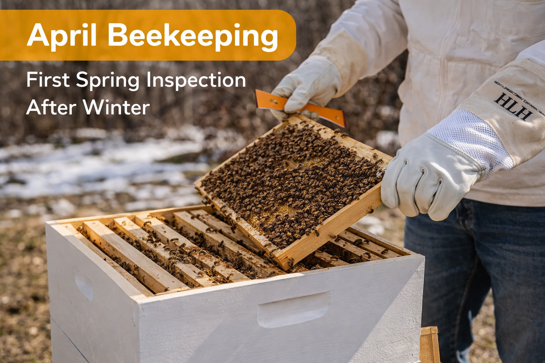 Beekeeper inspecting brood frames in a Langstroth hive during early spring, showing April beekeeping after winter.